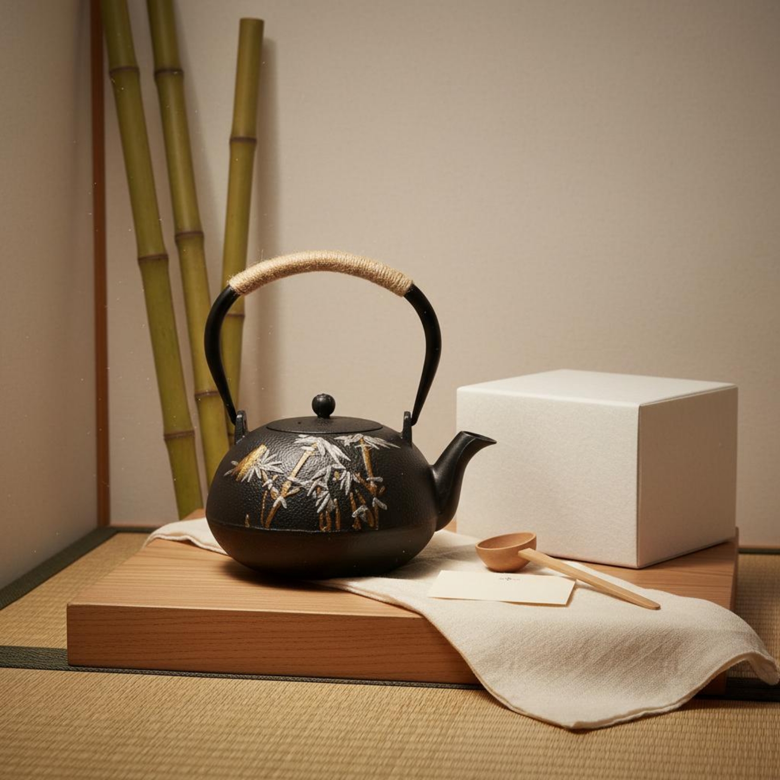 Cast Iron Tetsubin - Cast Iron Teapot Natural Fiber Handle